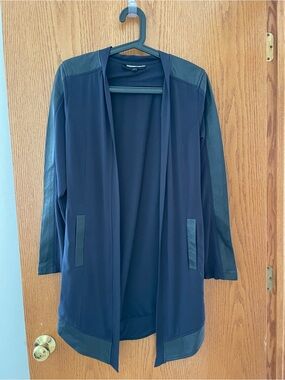 Anatomie Open Front Navy Jacket with Faux Leather Trim